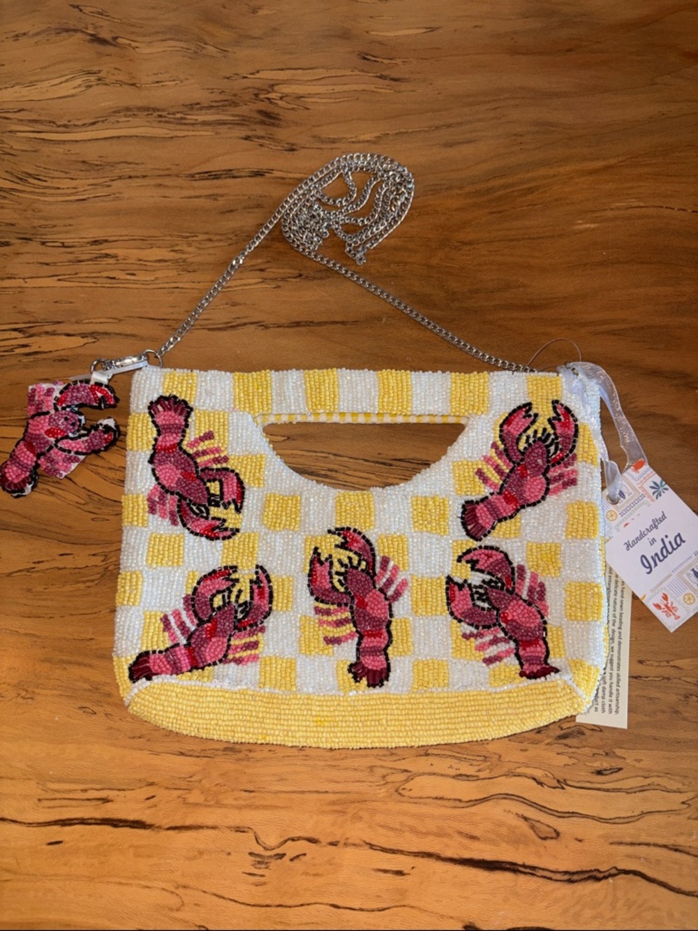 Viral Handcrafted Beaded Lobster crossbody bag in Yellow & White, and pink